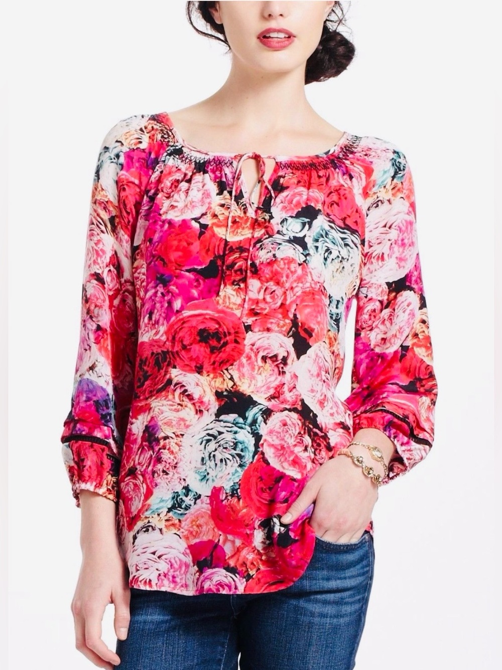 Anthropologie Vanessa Virginia 100% Silk Top Smocked Lace Trim Size M